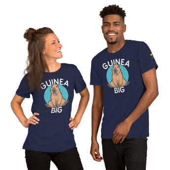 Two people wearing navy t-shirts with 'Guinea Big' printed on them.